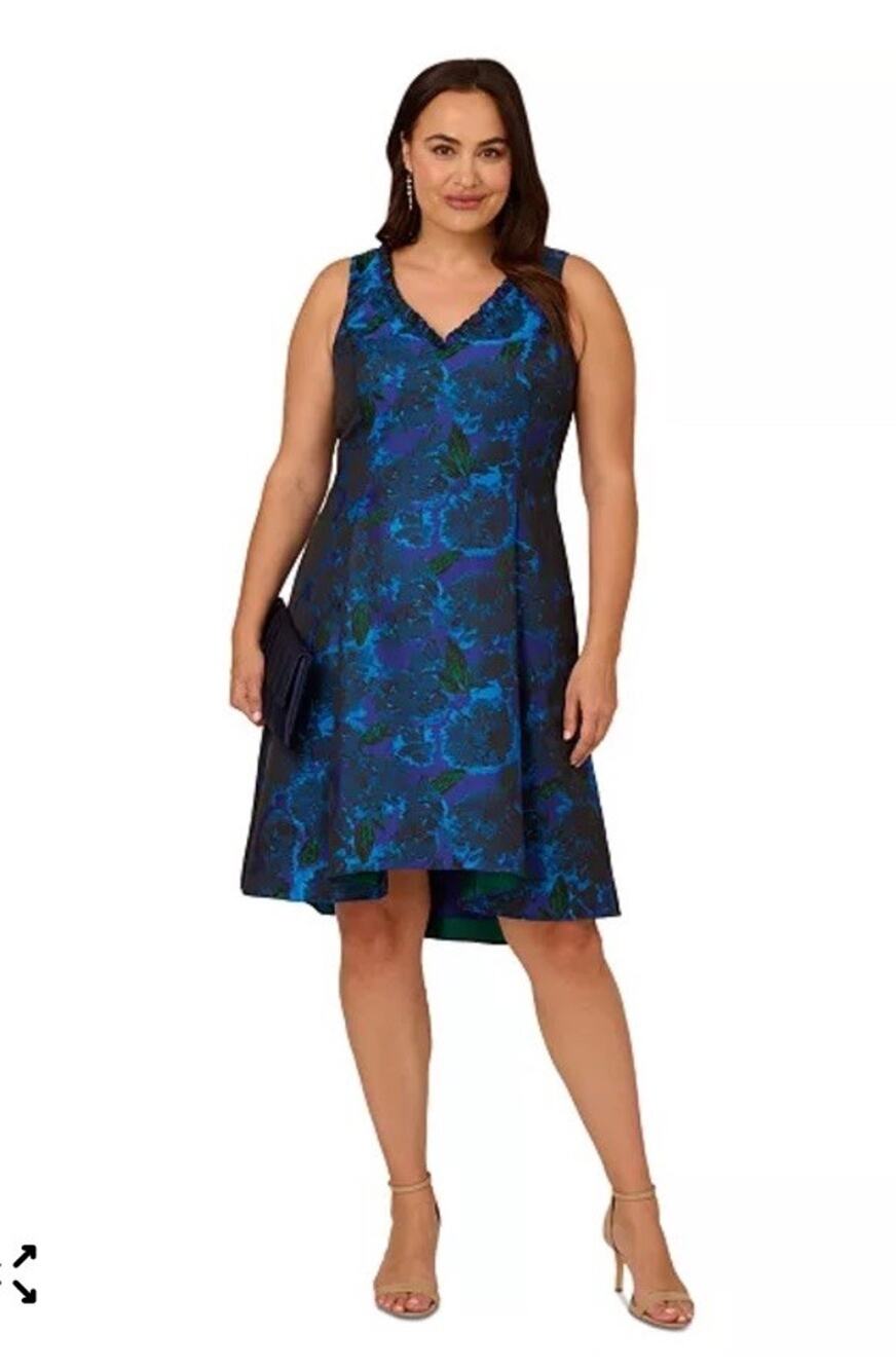 Adrianna Papell Women's Blue Ruffled Floral Jacquard Fit & Flare Dress Size 14